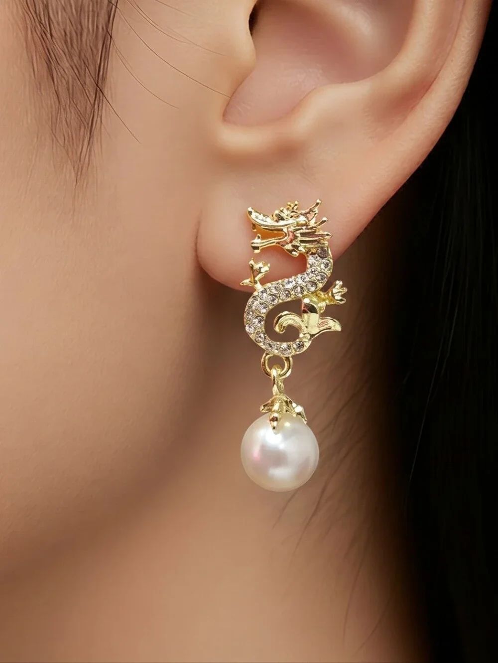 Gold Rhinestone Chinese Dragon Pearl Stud Earrings | Zodiac Festive Lunar Dangle